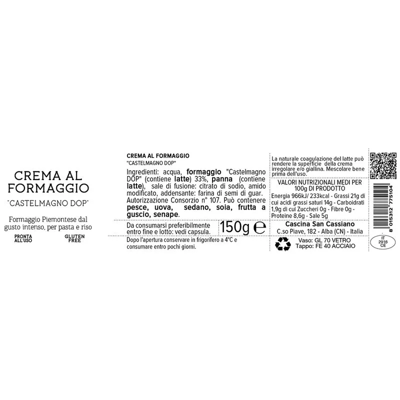Cascina San Cassiano 6 vasetti misti 150 gr: 2 Crema al Formaggio Castelmagno DOP - 2 Crema con Parmigiano Reggiano - 2 Crema Ca