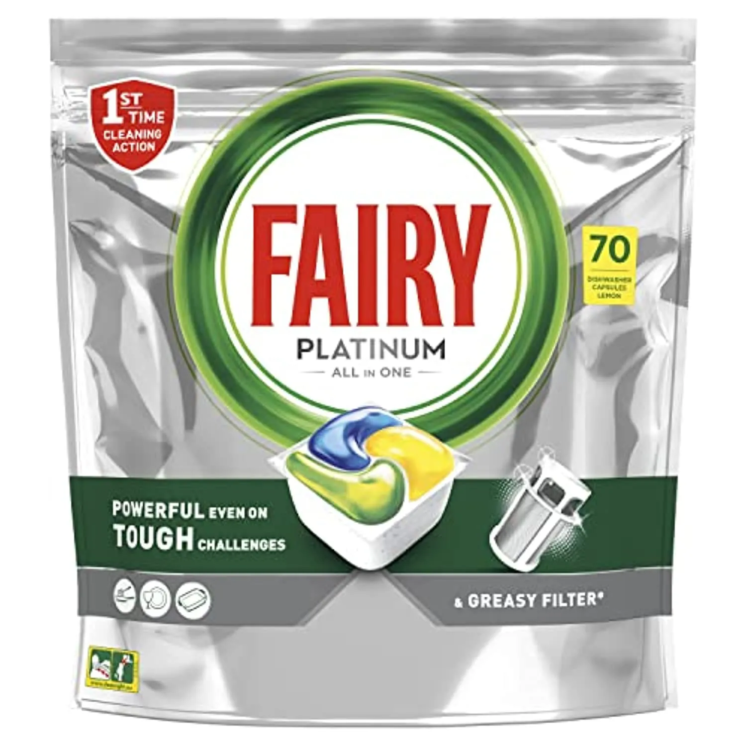 Fairy Platinum Pastiglie Lavastoviglie, 70 Capsule, Detersivo Lavastoviglie al Limone, Maxi Formato, con Sistema di Prelavaggio 
